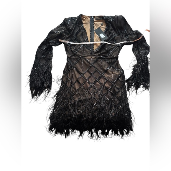 **Brand New ** Amber Deep V Embellished Feather Trim Mini Dress - Black - Picture 12 of 14